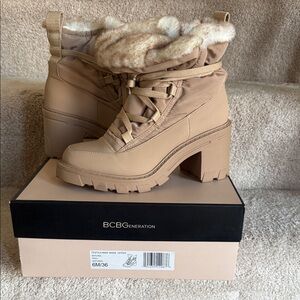 BCBGeneration Beige Heeled Boots with Fur Trim
